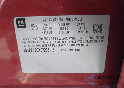 2012 Chevrolet Cruze Lt from USA, damaged, VIN 1G1PF5SCXC7236113